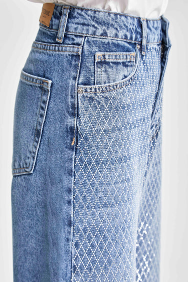 EMMA Rhinestone Straight High Rise Jeans - Aqua