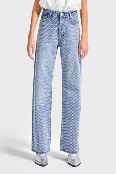EMMA Rhinestone Straight High Rise Jeans - Aqua