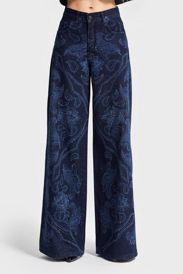 Rhinestone Printed Palazzo Jeans