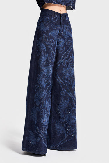 Rhinestone Printed Palazzo Jeans