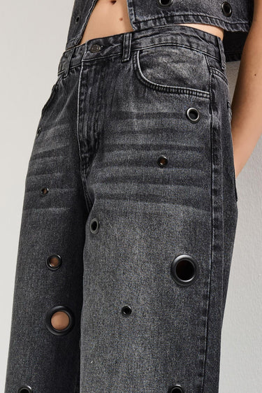 EYELET BAGGY MID RISE JEANS - JET BLACK