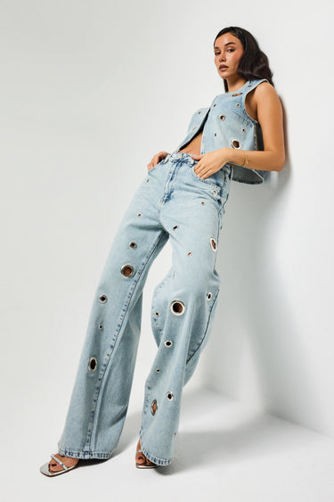 EYELET BAGGY MID RISE JEANS - ICE BLUE
