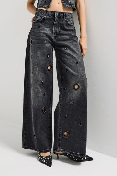 EYELET BAGGY MID RISE JEANS - JET BLACK