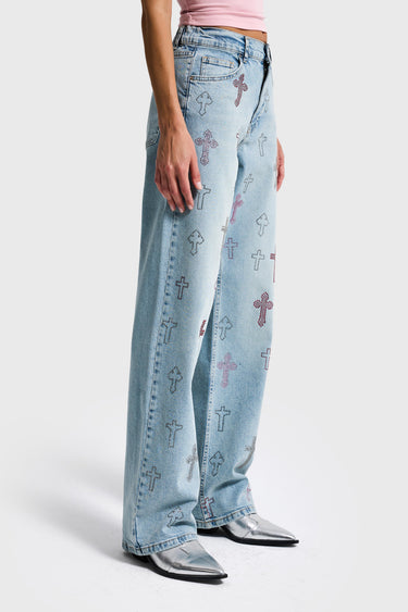 RHINESTONE LOOSE MID RISE JEANS