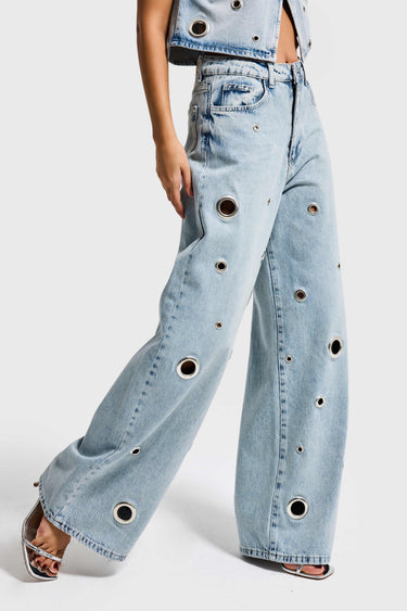 EYELET BAGGY MID RISE JEANS - ICE BLUE