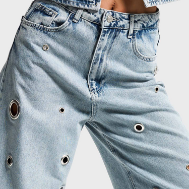EYELET BAGGY MID RISE JEANS - ICE BLUE