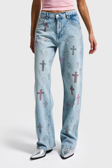 RHINESTONE LOOSE MID RISE JEANS
