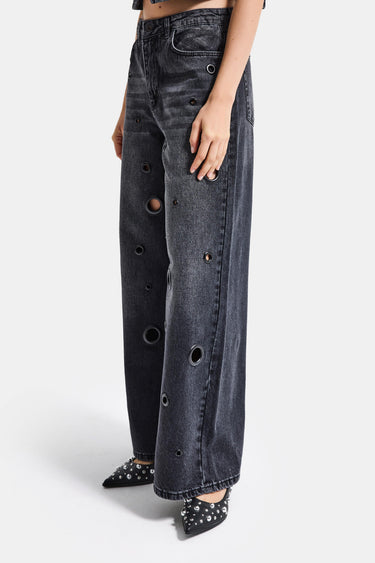 EYELET BAGGY MID RISE JEANS - JET BLACK