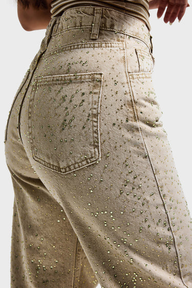 RHINESTONE STRAIGHT MID RISE JEANS