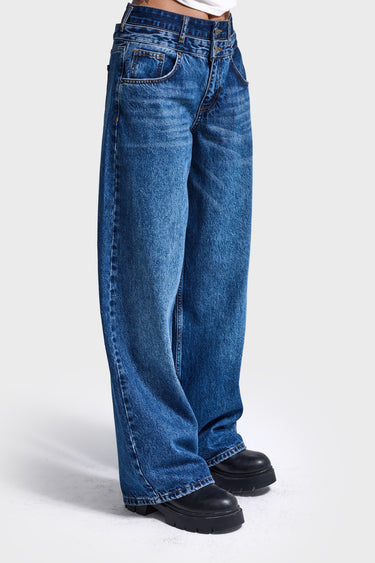 DOUBLE WAIST BAGGY JEANS - AZURE