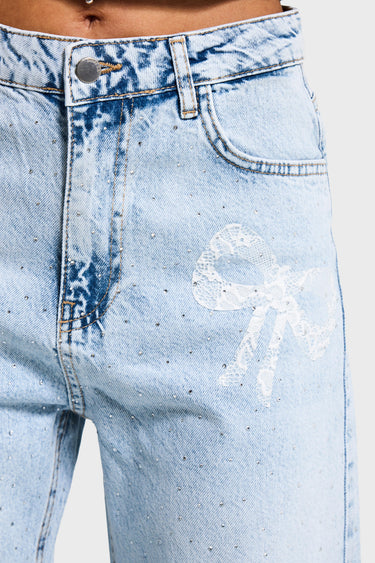 RHINESTONE STRAIGHT MID RISE JEANS