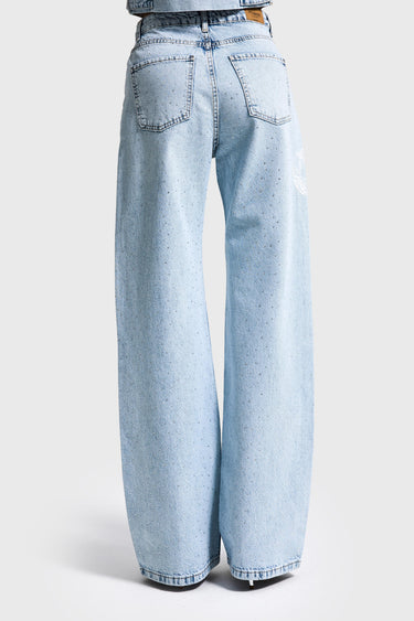 RHINESTONE STRAIGHT MID RISE JEANS