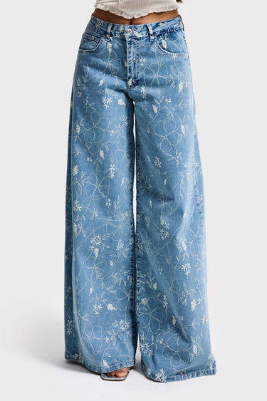 PRINTED PALAZZO MID RISE JEANS