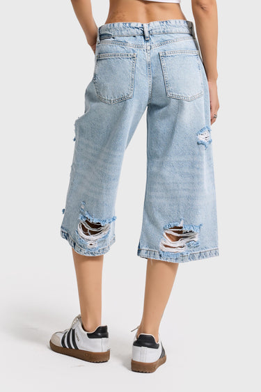 RIPPED BERMUDA DENIM SHORT - SKY