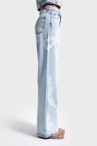 RHINESTONE STRAIGHT MID RISE JEANS