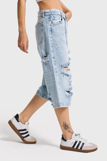 RIPPED BERMUDA DENIM SHORT - SKY