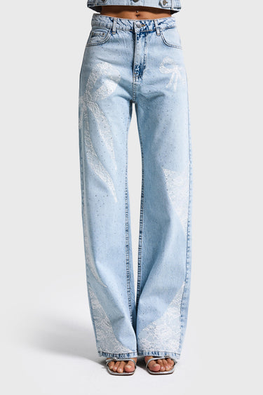 RHINESTONE STRAIGHT MID RISE JEANS