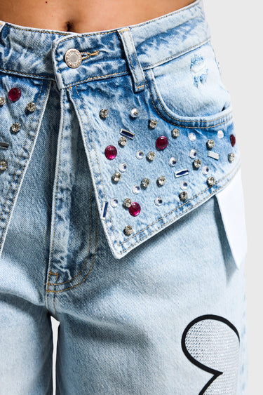 RHINESTONE SKATER MID RISE JEANS