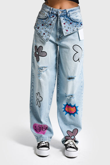 RHINESTONE SKATER MID RISE JEANS