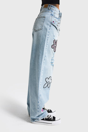 RHINESTONE SKATER MID RISE JEANS