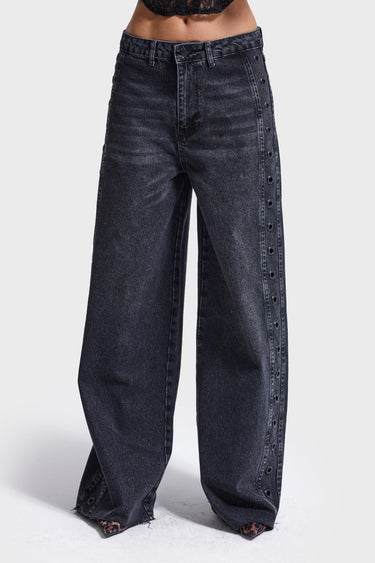 EYELET MEGA BAGGY MID RISE JEANS