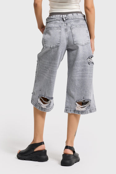 RIPPED BERMUDA DENIM SHORT - GRAY