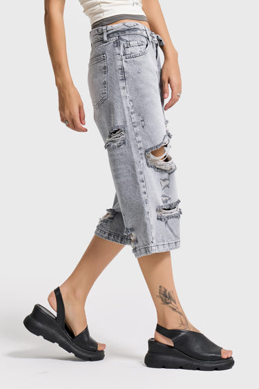 RIPPED BERMUDA DENIM SHORT - GRAY