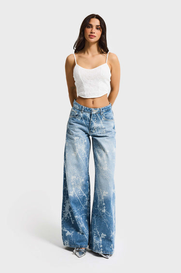 PRINTED PALAZZO MID RISE JEANS