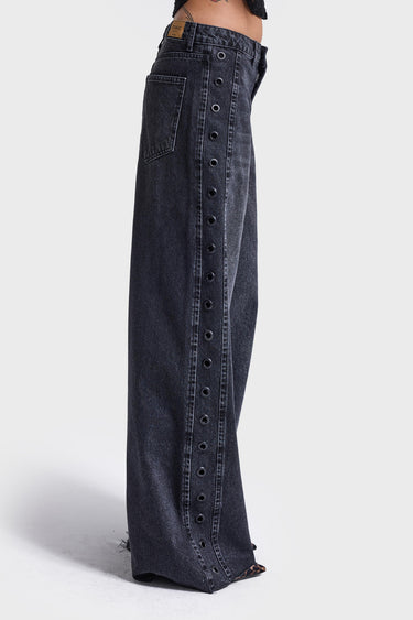 EYELET MEGA BAGGY MID RISE JEANS