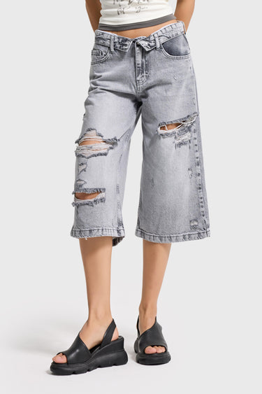 RIPPED BERMUDA DENIM SHORT - GRAY