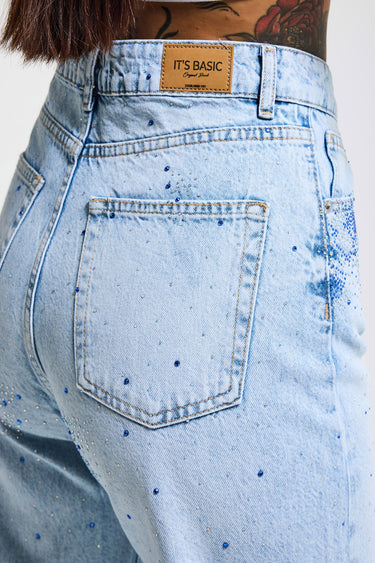 RHINESTONE STRAIGHT MID RISE JEANS - SKY