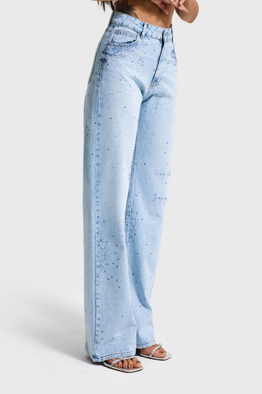 RHINESTONE STRAIGHT MID RISE JEANS - SKY