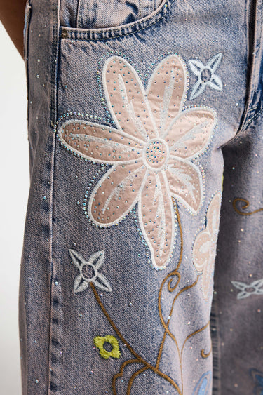 RHINESTONE PALAZZO MID RISE JEANS