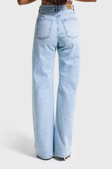 RHINESTONE STRAIGHT MID RISE JEANS - SKY