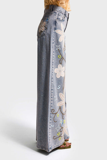 RHINESTONE PALAZZO MID RISE JEANS