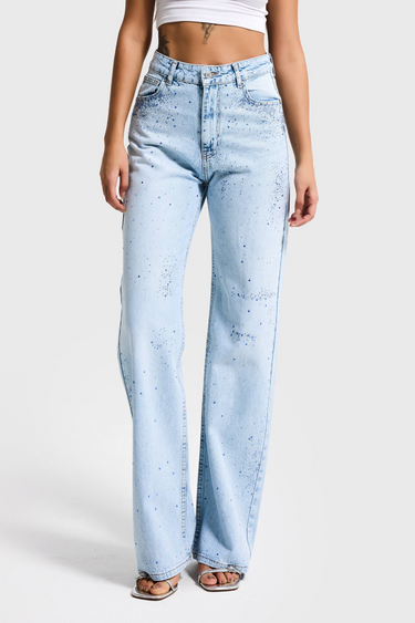 RHINESTONE STRAIGHT MID RISE JEANS - SKY