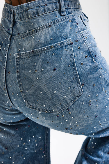 RHINESTONE STRAIGHT MID RISE JEANS