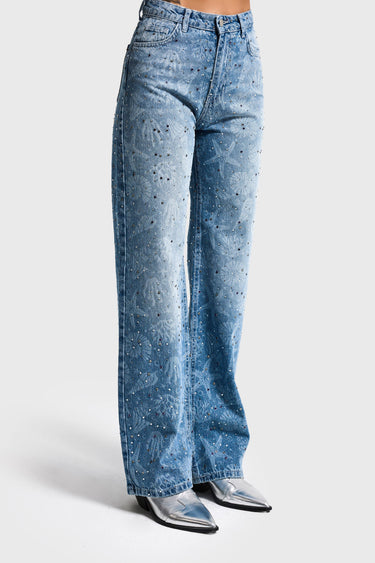 RHINESTONE STRAIGHT MID RISE JEANS