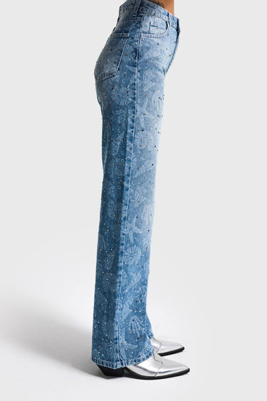 RHINESTONE STRAIGHT MID RISE JEANS
