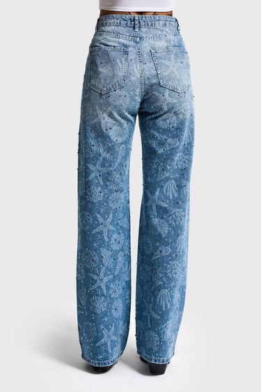 RHINESTONE STRAIGHT MID RISE JEANS