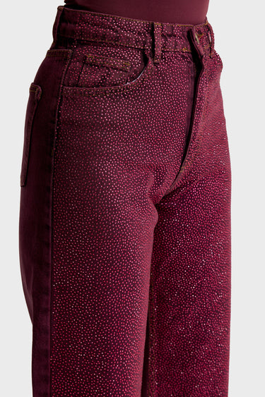 RHINESTONE STRAIGHT HIGH RISE JEANS - CHERRY