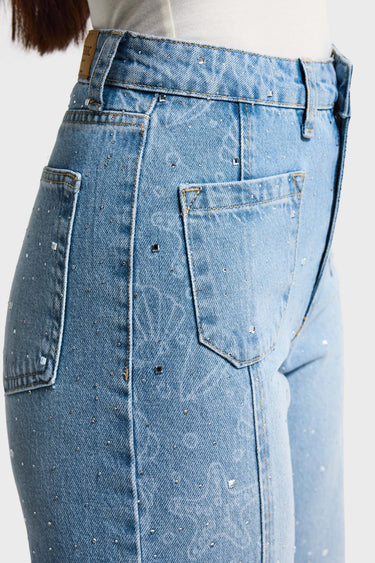 RHINESTONE STRAIGHT HIGH RISE JEANS
