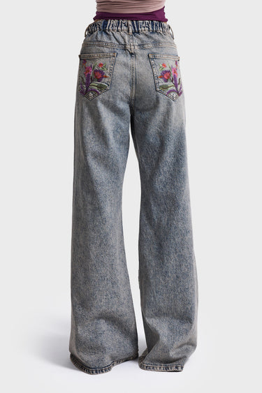 ELASTICATED FLARE MID RISE JEANS