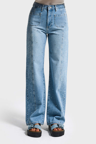 RHINESTONE STRAIGHT HIGH RISE JEANS