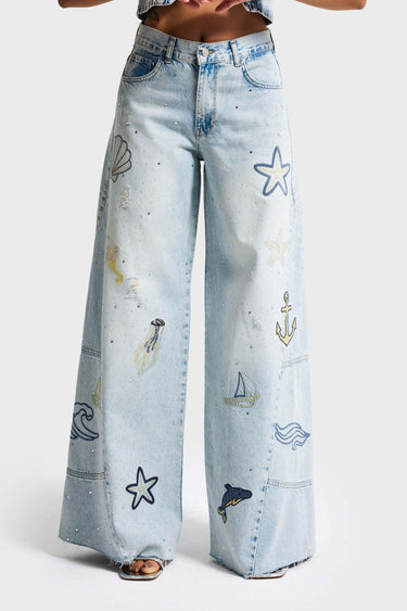 RHINESTONE PALAZZO MID RISE JEANS