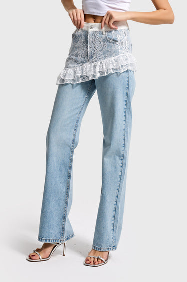 LACE STRAIGHT HIGH RISE JEANS