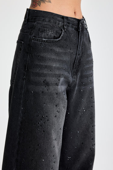 RHINESTONE MID RISE LOOSE JEANS - GRAPHITE