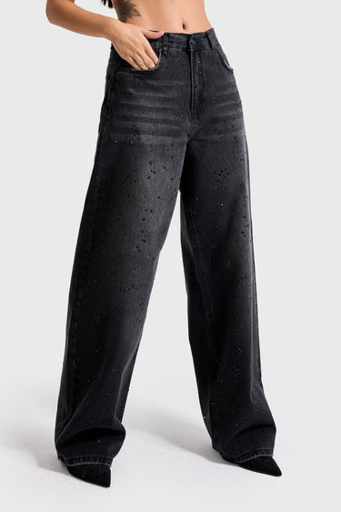 RHINESTONE MID RISE LOOSE JEANS - GRAPHITE
