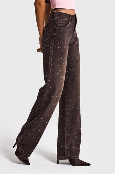 RHINESTONE LOOSE MID RISE JEANS - CHOCOLATE