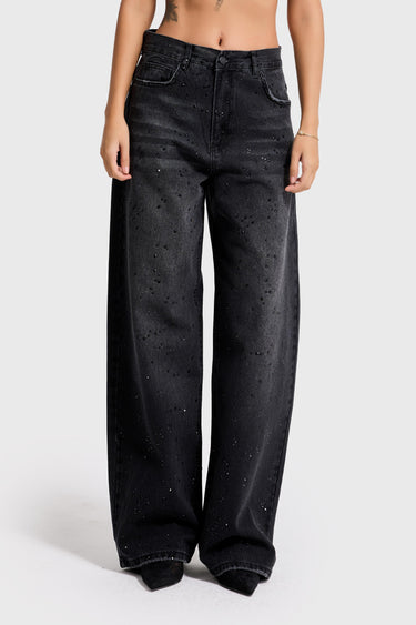 RHINESTONE MID RISE LOOSE JEANS - GRAPHITE